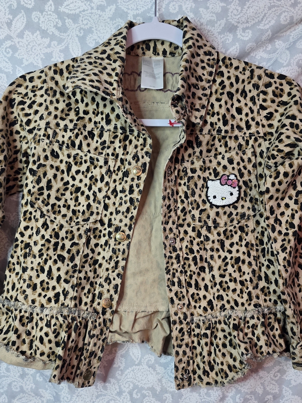 Hello Kitty Leopard Print Ruffle Jean Jacket - Tan & Black